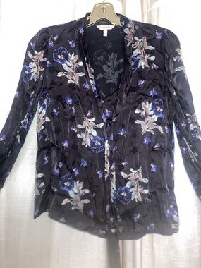 Rebecca Taylor Black Floral V-Neck Blouse with Blue & Cream Accents